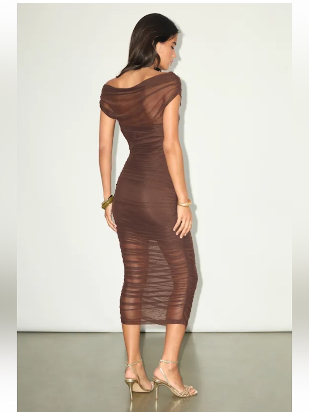 Lulus Sunama Brown Mesh Ruched Bodycon Midi Dress - Size S - Picture 9 of 10